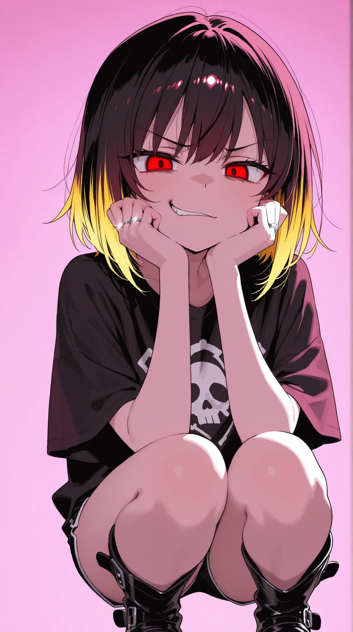 Life Since Last Century 々NEW PHOTO 、 exists、 Highest Quality、masterpiece、B pink background. Black and White, Golden Striped Hair , super cute girl, Red Eyes. squats, gothic t-shirt , Gothic Shorts , black boots, tsundere...