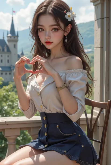 ultra fineCG Unity 8k壁紙、best quality、ultra fine、Masterpiece、real、フォトreal、ultra fineキュートガール、18 years old、(European castles)、((Girl sitting on a chair on the balcony))、((笑face)),((Raise Your Hands to Make a Heart))、(full body angle)、((in an angle from head t...