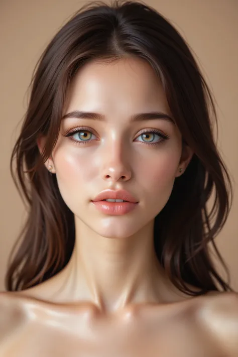 hyperrealistic portrait of young arafed Asian woman, striking hazel eyes, porcelain skin, glossy lips, (thin lip:0.6), long slightly curvy brown hair, delicate facial features, soft natural makeup, dewy complexion, perfect skin texture, neutral beige backg...