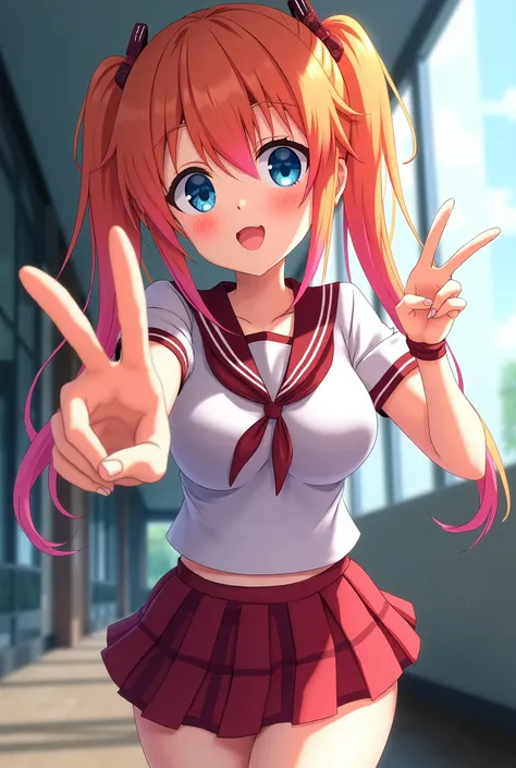 ((Masterpiece, Best Picture Quality, High Quality, Super High Quality, Depth of Field, 4K, 8K High Quality)), One Woman, Makina Azuma, Long Hair, Blue Eyes, Twintail, Orange Hair with Pink Blends, Hair Between Eyebrows, Bangs, Striped Hair, Hair Ribbon, Sc...