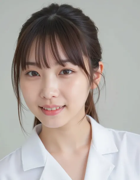 The face of a young and beautiful Japanese female nurse. She is wearing a plain white nurse's uniform and smiling gently. A photo she took of herself with her smartphone. Ultra-high resolution, ultra-high quality photo.