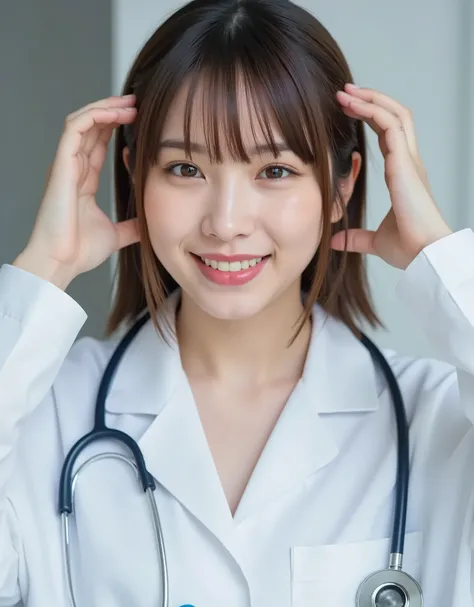 The face of a young and beautiful Japanese female nurse. Doctor's attire、 smile showing teeth、hairstyle shortcuts、 pale brown hair、looking at camera、 A photo she took of herself with her smartphone. Ultra-high resolution, ultra-high quality photo.
