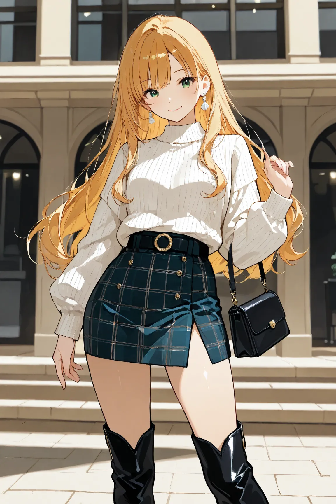 illustration, best quality, elegant woman, confident pose, fluffy white sweater, plaid high-slit skirt, knee-high boots,stylish and sophisticated atmosphere, delicate earrings, gentle smile, fashionable winter style, clean and bright composition