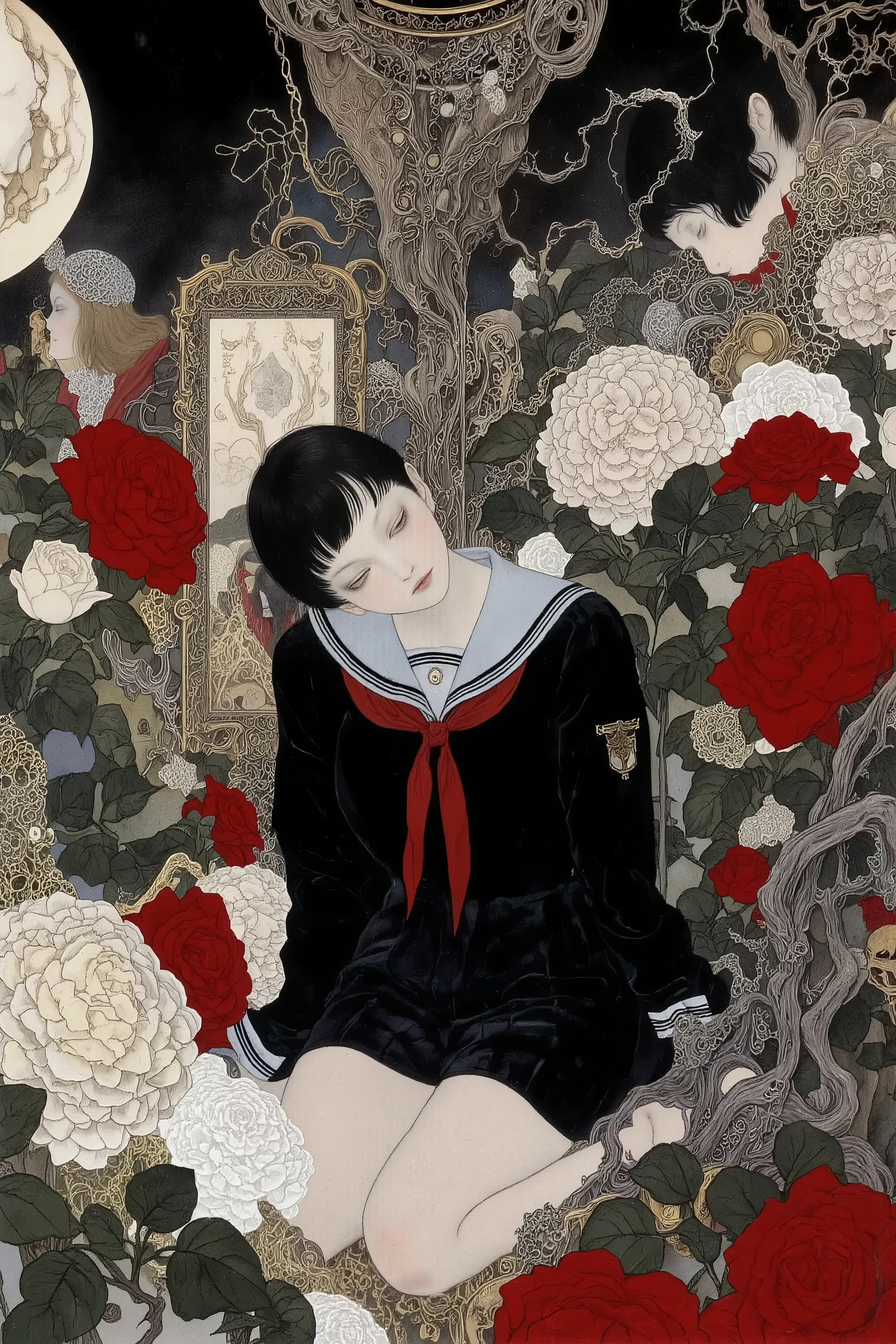 1 androgynous,alone,beautiful face,beautiful legs,turime,black hair,short hair,hime cut,((wearing Japanese school black sailor uniform with mini black skirt, red ribbon,long sleeve)),sleeping,gazing,Tilt head,sitting floor,in japanese old room,mirror,Curt...