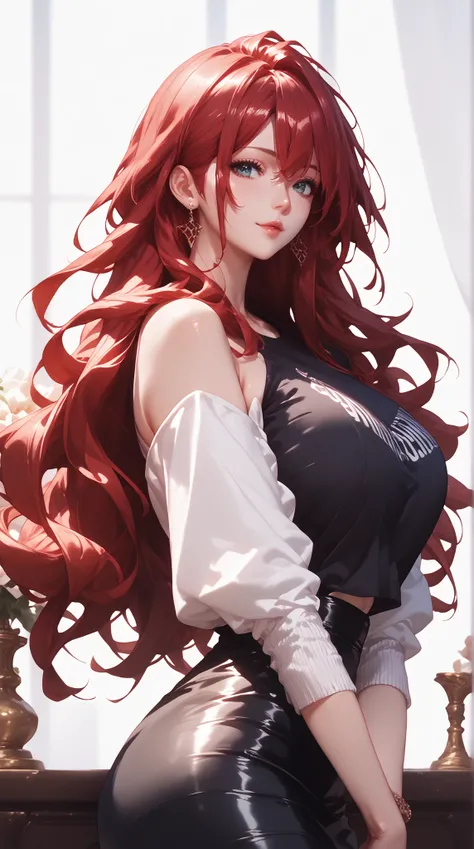 Rias Gremori, red hair, Gorgeous shapes , large shapes,    black skirt, black t-shirt   , beautiful woman, beautiful pose,large shapes, white background , beautiful figure, is in the room,  jacket,long hair