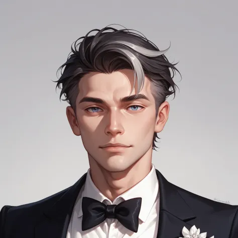 Close-up front view portrait of a man in a formal tuxedo at a high-stakes game, looking sophisticated and unreadable, dark hair with silver streaks, perfect posture, full head visible, dark plain solid color background.