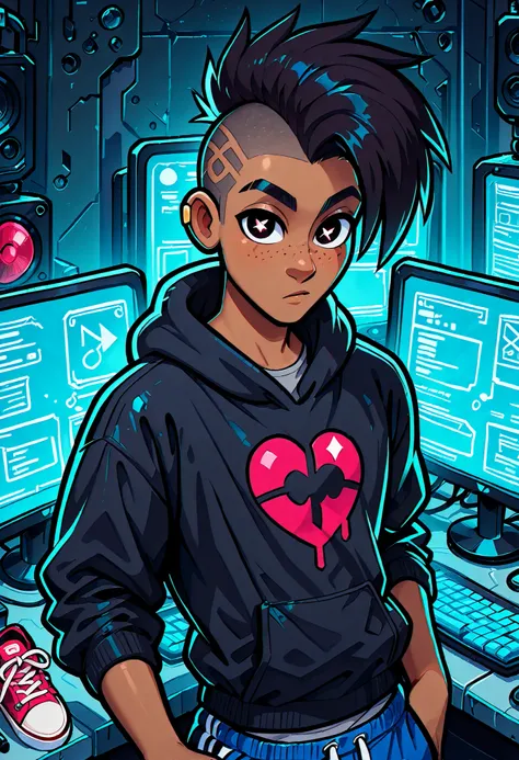masterpiece, best quality, very aesthetic, absurdres, safe, (masterpiece), 1boy, mohawk, dark skinned African male, strong upper body, solo, best quality, expressive eyes, perfect face, newest, perfect anatomy, flawless face, black hoodie with hood being w...