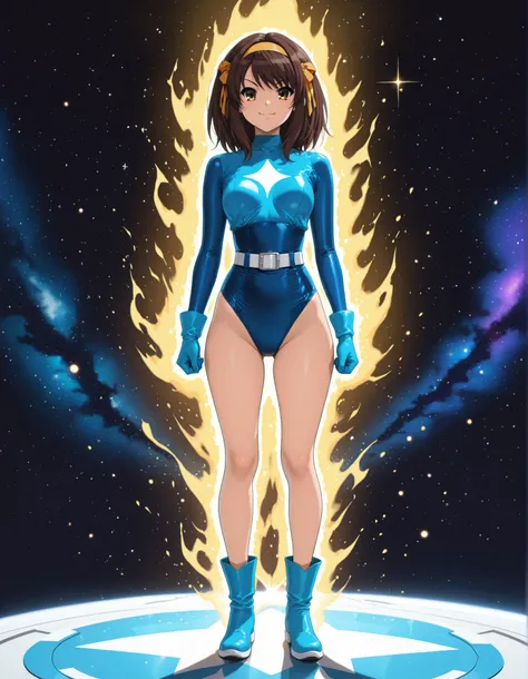 Masterpiece, best quality, high res, 8k, solo, solo focus, 1girl, sysdeep_haruhi, suzumiya haruhi as a superhero, (blue highleg leotard with white accents), (high waisted belt:1.4, tight belt:1.4), (bare legs:1.4), matching gloves, (matching boots, blue an...