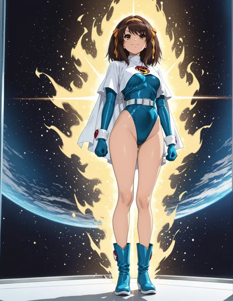 Masterpiece, best quality, high res, 8k, solo, solo focus, 1girl, sysdeep_haruhi, suzumiya haruhi as a superhero, (blue highleg leotard with white accents), (high waisted belt:1.4, tight belt:1.4), (bare legs:1.4), matching gloves, (matching boots, blue an...
