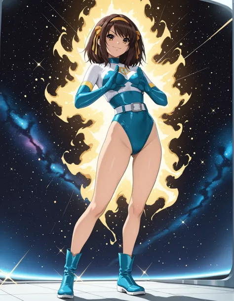 Masterpiece, best quality, high res, 8k, solo, solo focus, 1girl, sysdeep_haruhi, suzumiya haruhi as a superhero, (blue highleg leotard with white accents), (high waisted belt:1.4, tight belt:1.4), (bare legs:1.4), matching gloves, (matching boots, blue an...
