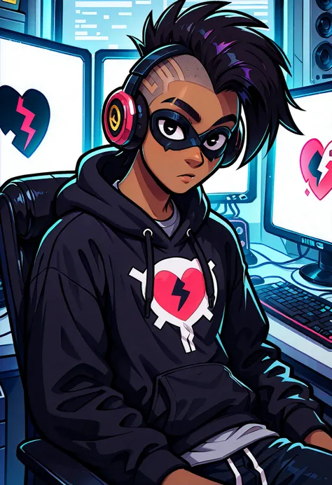 masterpiece, best quality, very aesthetic, absurdres, safe, (masterpiece), 1boy, mohawk, dark skinned African male, strong upper body, solo, best quality, expressive eyes, perfect face, newest, perfect anatomy, flawless face, black hoodie with hood being w...