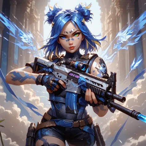 Ultra-detailed, 1 girl, Neon from Valorant, ((masterpiece)), (best quality), (high resolution), 16K, heterochromia (black and blue eyes), blue hair with glowing tips, long stylized hair, neutral lips, electric tattoos on arms, light piercings, wearing futu...