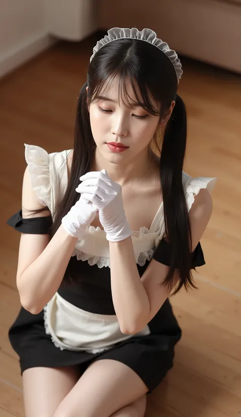 32k, Masterpiece, top quality, ( Korea's Beautiful Woman) High-angle, close-up view, pigtails, maid outfit, white top, black bodice, short skirt, lace, kneeling, serene expression, eyes closed, hands clasped, white gloves, wooden floor, warm lighting, i...