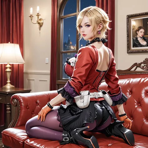 score_9, defMilady, short hair, purple eyes, big breasts, big ass, ear piercing, earrings, frilled choker, red jacket, cleavage, long sleeves, frilled sleeves, half gloves, orange gloves, white belt, belt pouch, black miniskirt, black shorts, purple pantyh...