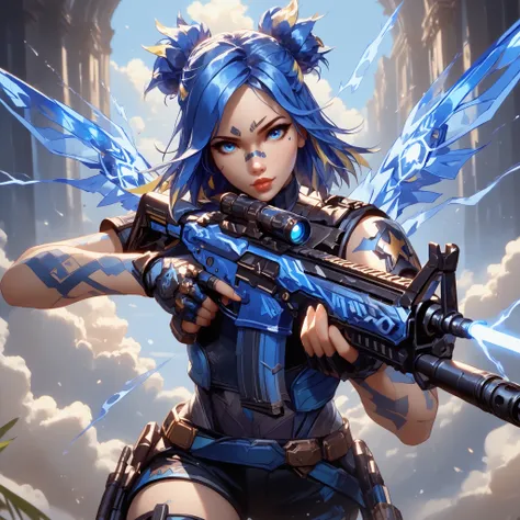Ultra-detailed, 1 girl, Neon from Valorant, ((masterpiece)), (best quality), (high resolution), 16K, heterochromia (black and blue eyes), blue hair with glowing tips, long stylized hair, neutral lips, electric tattoos on arms, light piercings, wearing futu...