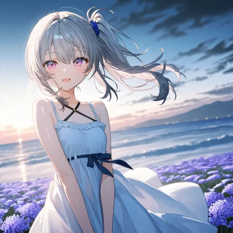 1 Girl, gray hair,Pink blue eyes ,Big , open mouth , outdoor,wind, Game CG,,( masterpiece), (Best Quality), (ultra-fine), very aesthetic, illustration,super fine skin, shiny skin, ( masterpiece), (Best Quality), (ultra-fine), very aesthetic, milk,, REAL ...