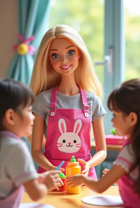 Create a vibrant scene featuring a Barbie doll as a kindergarten teacher. She wears a pink apron adorned with a cute Sanrio-style rabbit illustration. Surround her with cheerful ren engaged in playful activities, capturing a bright and lively atmosphere th...