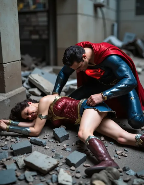 Wonder woman is laying down flat on the ruin, she is defeated and raped by Superman, she is unconsciousness, painful, eyes close, Superman is bending on her body from her leg, he touch her leg, red light from Superman's eyes, whole body visible from head t...