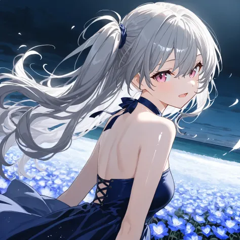 1 Girl, gray hair,Pink blue eyes ,Big , open mouth , outdoor,wind, Game CG,,( masterpiece), (Best Quality), (ultra-fine), very aesthetic, illustration,super fine skin, shiny skin, ( masterpiece), (Best Quality), (ultra-fine), very aesthetic, milk,, REAL ...