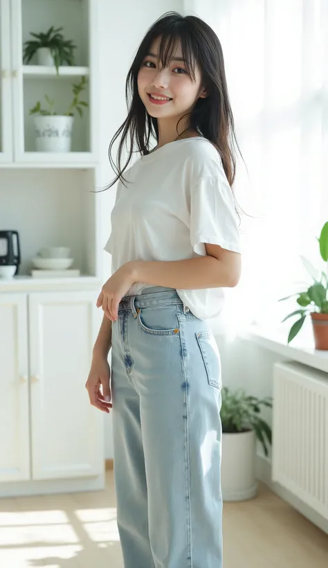 An 18-year-old Japanese woman with a youthful, baby-faced appearance stands in a relaxed and confident pose. She has soft facial features, large innocent eyes, and a gentle, playful smile that adds to her naturally charming presence. Her figure is slender ...