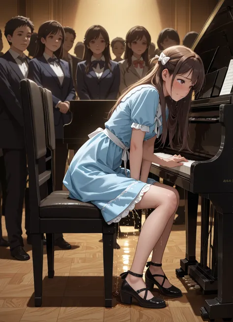 Score_9, Score_8_up, Score_7_up, Score_6_up, Score_5_up, Score_4_up, Source_anime, (extremely detailed and high-quality illustration),(best lighting and shadow effects, ultra-realistic), (young women), Chizuru Ichinose, almost crying, blue dress, piano per...