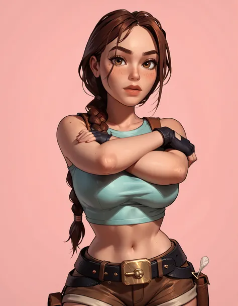 A highly detailed and stylized digital illustration of the athletic and beautiful adventurer Lara Croft, making a sexy pose with a [flirty expression], wearing a teal ((very low-cut crop top)), brown tactical shorts, two black holsters, black fingerless gl...