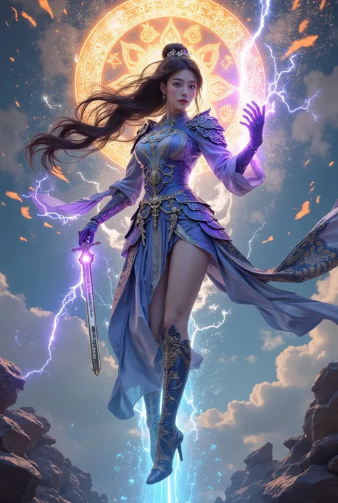 A digital illustration featuring a woman, Standing on one leg suspended above the clouds, wearing a women's battle armor, with her thigh exposed,"Surreal cultivation bullet time: Celestial swordsman frozen mid-air, left hand conjuring violet lightning with...