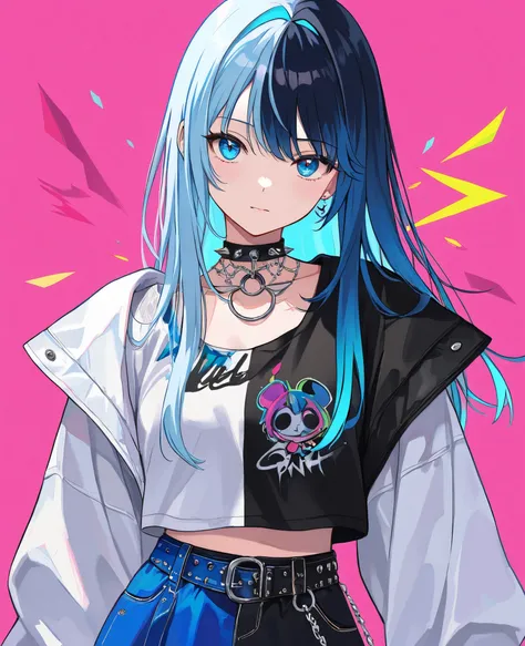 masterpiece, Highest Quality,  High Detail,  Beautiful woman with long hair  ,ta、 punk fashion 、 safe light blue hair  ,  inner color , Abstract、colorful colors、fantastic