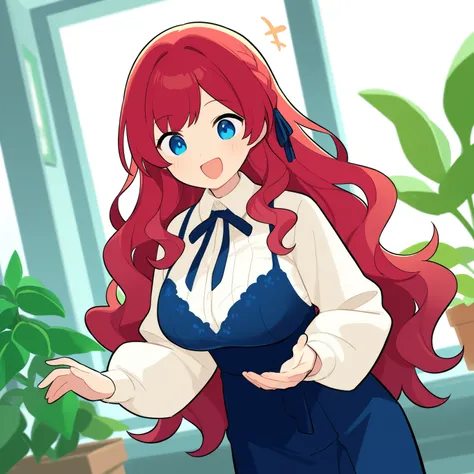 Beautiful Girl Plant shop Plant shopで働く店員 red hair long hair wavy hair with a graceful expression