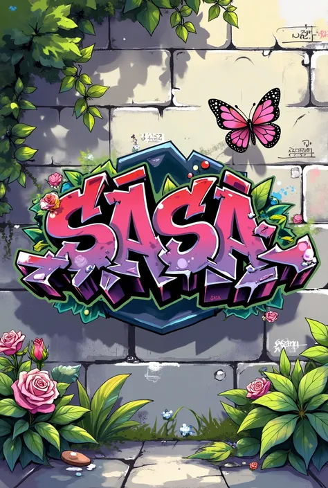 Cool graffiti spelling Red white'Sasa' on a stone wall background, red rose pink butterfly, Chinese
