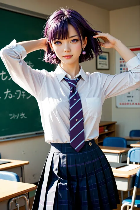 1 girl, Beautiful charming, short purple hair rather messy, purple eyes, school uniforms of Japanese high school ren polite, wearing salting earrings, standing pose, anime style, high details, high quality, best quality, 1080P, HD, 4K, 8k