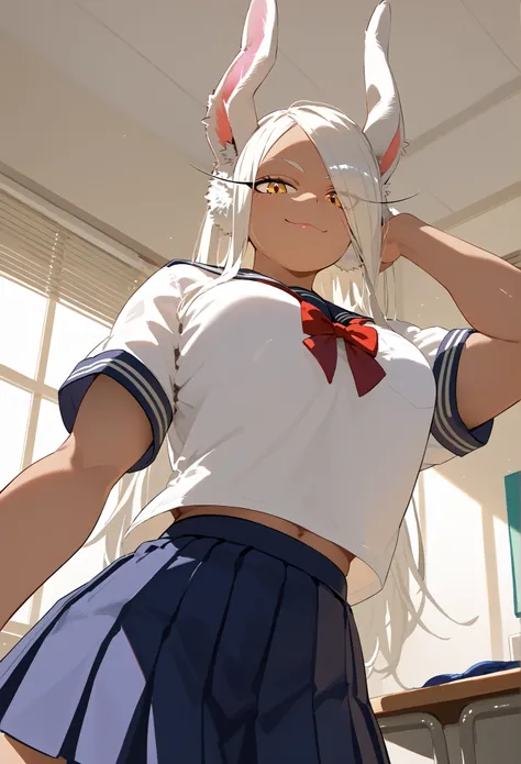 score_9, score_8_up, score_7_up, source_anime, 1girl, solo, indoors, bedroom, cowboy shot, shiny skin, Mirko from MHA, hair over one eye, from below, cat lewd pose, school uniform, lewd view