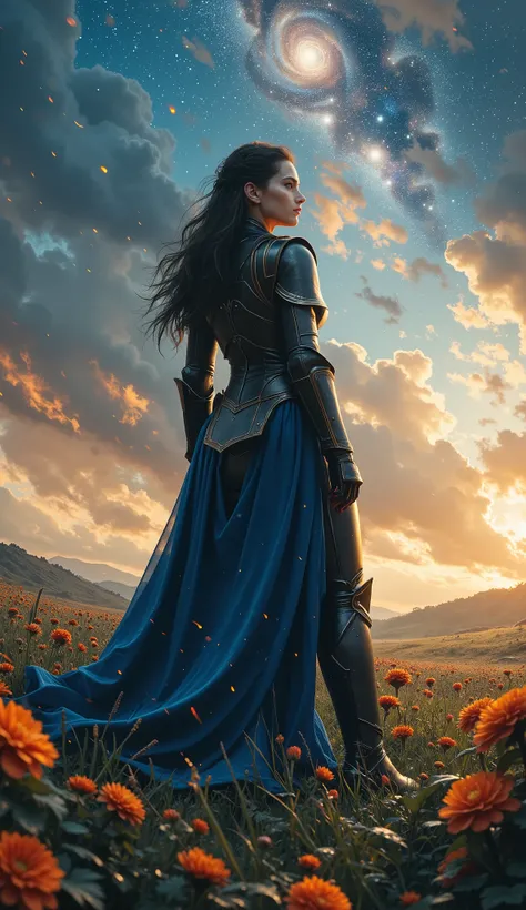 Female Hero in a Blue cloak and Black Hero armor from the Back, related surrender pose, (((the universe and stars Are visible in the sky))), Live action sci-fi movie, Live-action film, Female Hero's Low Angle from Behind, anatomically correct, perfect anat...