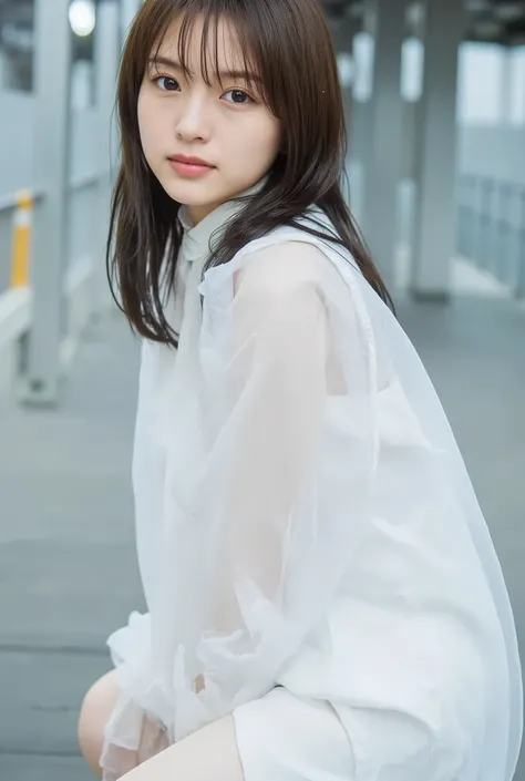 high-resolution photo of a young Japanese woman,professional lighting, sharp concentration but slight smile, 1 girl, (( Chest and legs are exposed a lot,upper body above the top of the foot:1.4)),slender body, white skin, detailed face, detailed eyes, soph...