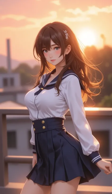 extremely beautiful and athletic young woman, long dark brown straight hair with soft waves, deep reddish-brown eyes, fair skin, extremely voluptuous and well-endowed body, huge bust pressing tightly against Japanese school sailor uniform, straining button...
