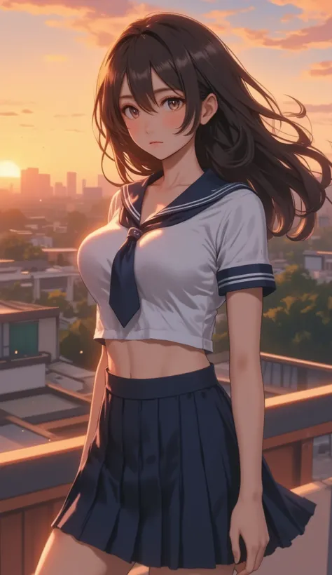 extremely beautiful and athletic young woman, long dark brown straight hair with soft waves, deep reddish-brown eyes, fair skin, extremely voluptuous and well-endowed body, huge bust pressing tightly against Japanese school sailor uniform, straining button...