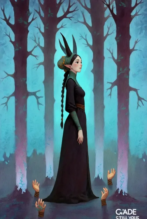 dkri style, 1girl, gorgeous elf, mature girl, looking away:1.5, vibrant pale skin, perfect hands, black eyes, medieval black dress, fantasy aesthetic, painterly illustration, gouache painting, soft illustration, 2d art, abstract background, masterpiece, be...