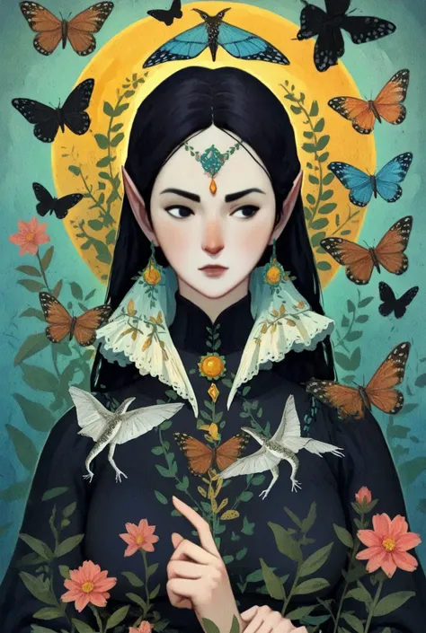 dkri style, 1girl, gorgeous elf, mature girl, looking away:1.5, vibrant pale skin, perfect hands, black eyes, medieval black dress, fantasy aesthetic, painterly illustration, gouache painting, soft illustration, 2d art, abstract background, masterpiece, be...