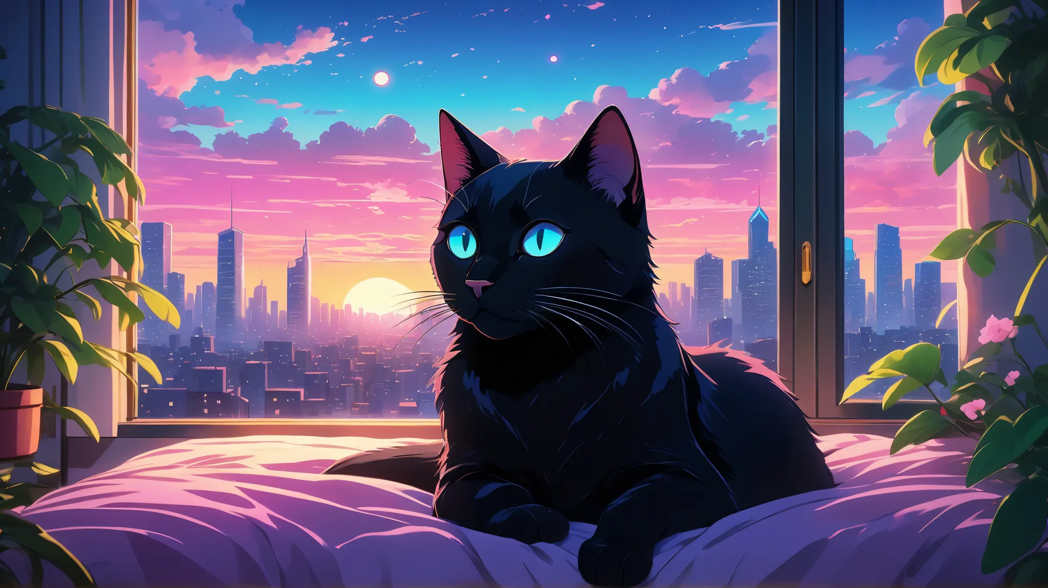 A highly detailed 2D Ghibli cinematic anime about a sleek black cat with a large head and bright blue eyes, lying comfortably on a white bed. The scene is illuminated by a dreamy sunset visible through a large window, with the sky changing vividly from gol...