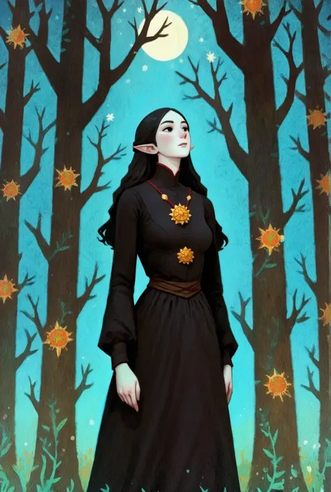 dkri style, 1girl, gorgeous elf, mature girl, looking away:1.5, vibrant pale skin, perfect hands, black eyes, medieval black dress, fantasy aesthetic, painterly illustration, gouache painting, soft illustration, 2d art, abstract background, masterpiece, be...