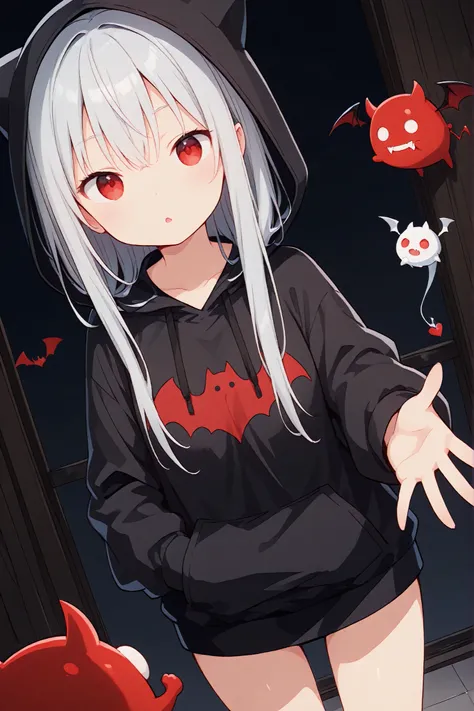 vampire, casual outfit, silver hair, hoodie, enemy, Neck-length hair , sd
