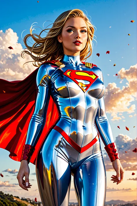 lithe ample breasted blonde adolescent supergirl in flight wearing metallic version of classic superman "S'" symbol and skimpy skin-tight uniform, high quality, 8K Ultra HD, A beautiful double exposure that combines a goddess silhouette with sunset coast, ...