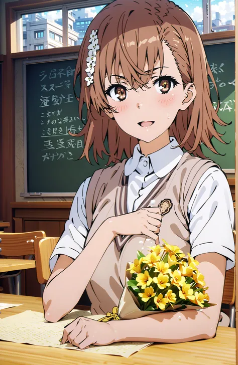 Misaka Mikoto , short hair, brown hair, hair ornament that grabs Narmaya's chest, hair flower, brown eyes in the bedroom,smile,blush,open your mouth,
skirt for ears, shirt, uniform, white shirt, Short Sleeves, pleated skirt for ears, grey skirt for ears, s...