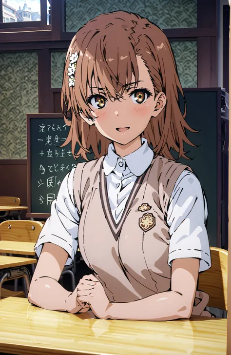 Misaka Mikoto , short hair, brown hair, hair ornament that grabs Narmaya's chest, hair flower, brown eyes in the bedroom,smile,blush,open your mouth,
skirt for ears, shirt, uniform, white shirt, Short Sleeves, pleated skirt for ears, grey skirt for ears, s...