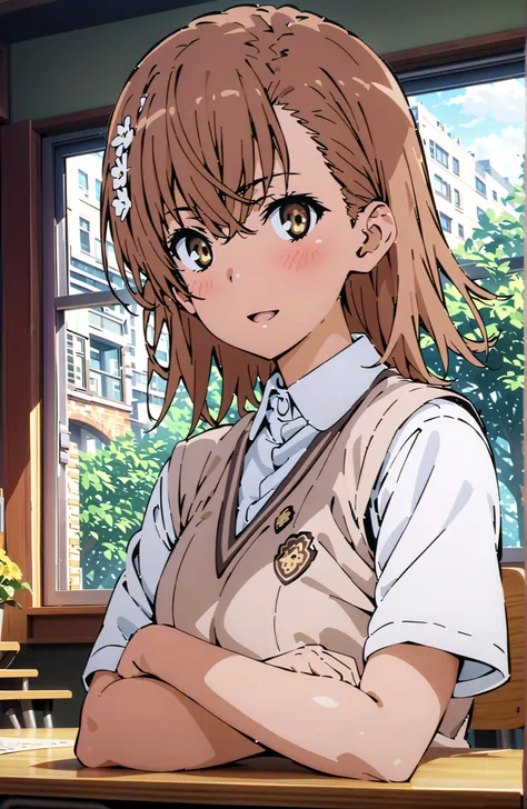 Misaka Mikoto , short hair, brown hair, hair ornament that grabs Narmaya's chest, hair flower, brown eyes in the bedroom,smile,blush,open your mouth,
skirt for ears, shirt, uniform, white shirt, Short Sleeves, pleated skirt for ears, grey skirt for ears, s...