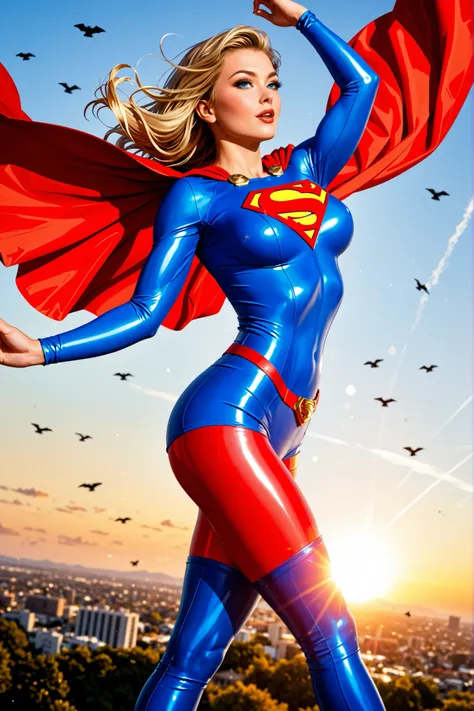 lithe ample breasted blonde adolescent supergirl in flight wearing classic superman "S'" symbol and skimpy skin-tight uniform with bare midriff and miniskirt, high quality, 8K Ultra HD, A beautiful double exposure that combines a goddess silhouette with su...