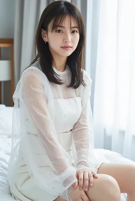 high-resolution photo of a young Japanese woman,professional lighting, sharp concentration but slight smile, 1 girl, (( Chest and legs are exposed a lot,upper body above the top of the foot:1.4)),slender body, white skin, detailed face, detailed eyes, soph...