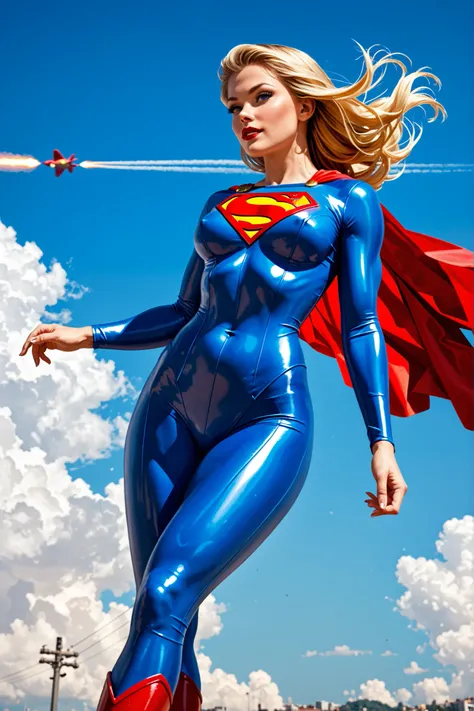 lithe ample breasted blonde adolescent supergirl in flight wearing classic superman "S'" symbol and skimpy skin-tight uniform with bare midriff and miniskirt, high quality, 8K Ultra HD, awesome full color, sky backdrop