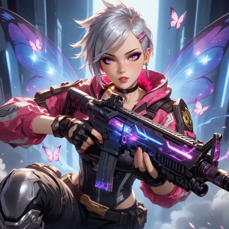 Ultra-detailed, a character — Clove from Valorant. ((obra-prima)), (best quality), (high resolution), 16K.  pale skin with freckles  , short black hair with shiny magenta-purple tips. penetrating violet eyes,  dark eyeliner, confident and mischievous expre...