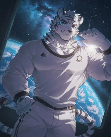 sfw,masterpiece,UHD,solo,highres,best quality,anatomically correct,furry male,(white tiger),collarbone,(white fur:1.5,black figure),short white hair,black eyebrow,snout,(detailed eyes,blue eyes,detailed pupils,beautiful eyes),snout,animal ears,tiger ears,a...